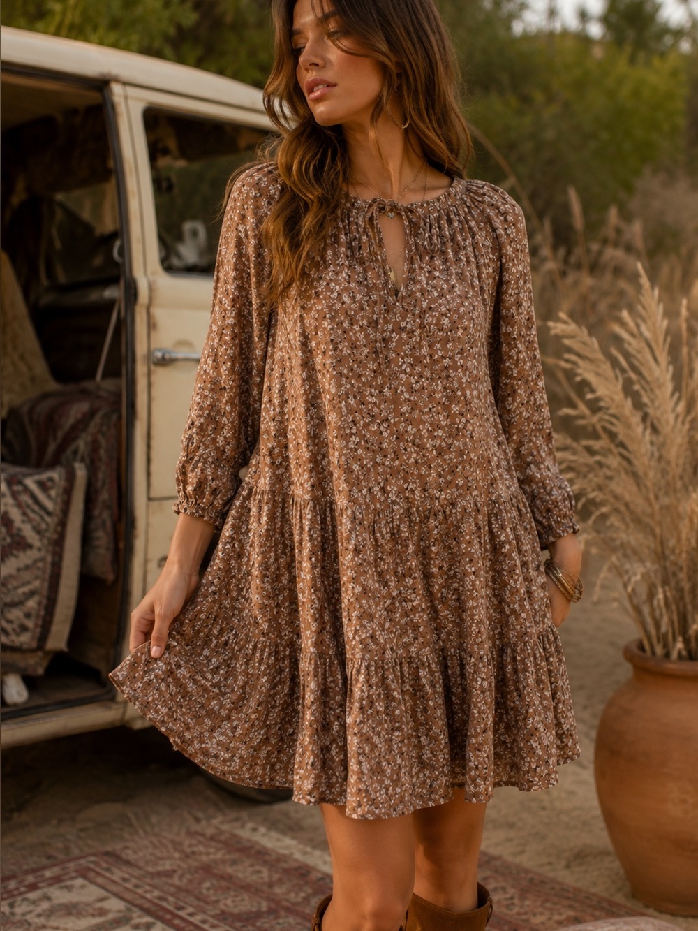 boho floral swing dress earth tone brown cream prairie ditzy floral loose fit L